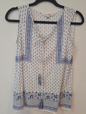 Boho Floral Top Small Blue & White Peasant Festival Boho Cottagecore